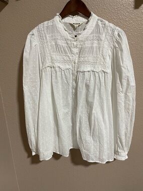 Boden White Swiss Dot Lace Yoke Long-Sleeve Blouse